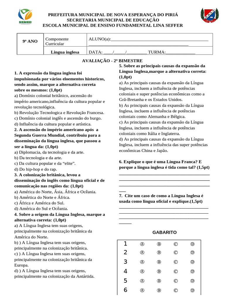 Prova de Inglês - 9º Ano com Gabarito | PDF | Língua inglesa | Inglaterra