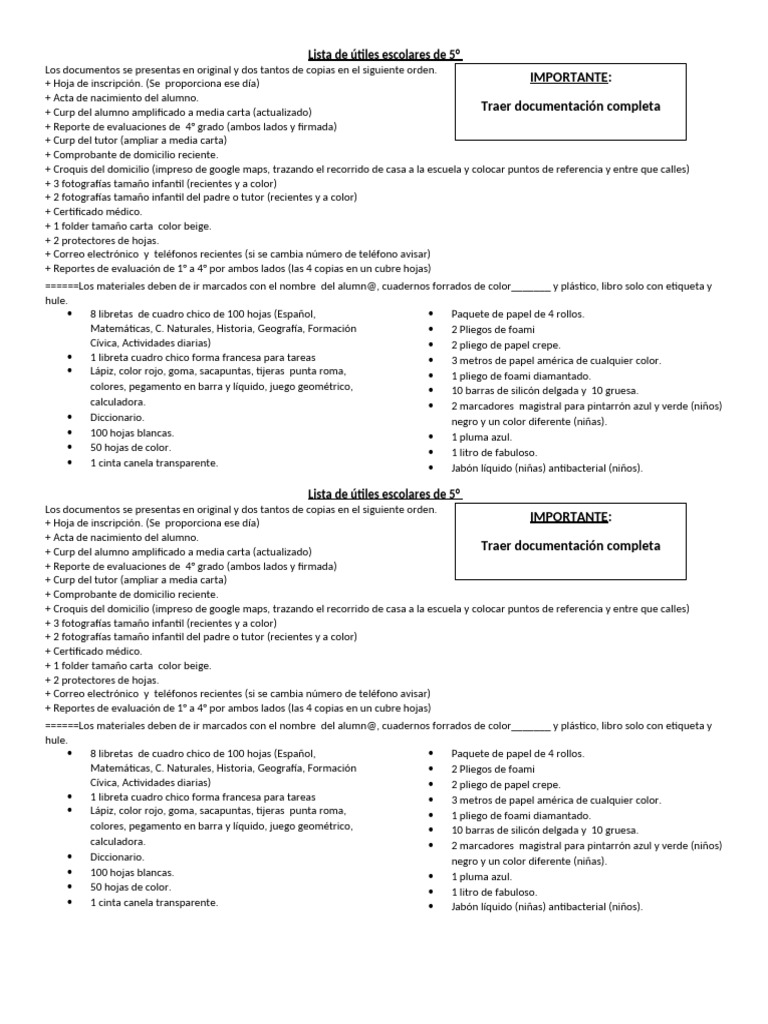 Lista de Útiles Escolares de Quinto Grado | PDF
