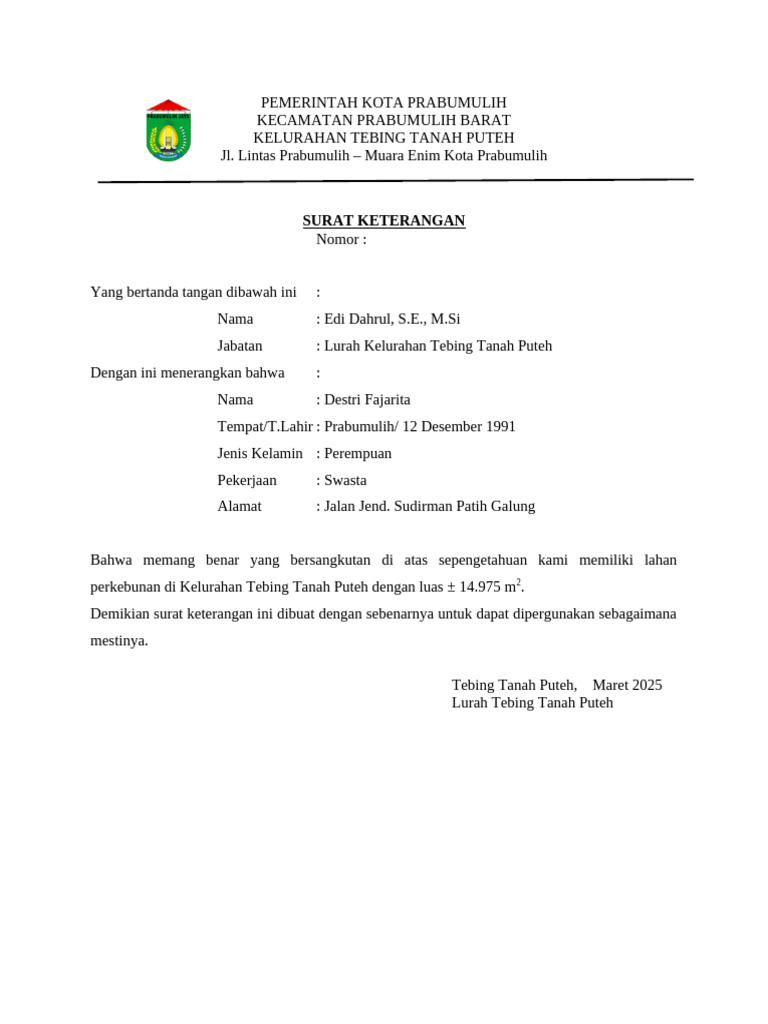 Surat Keterangan Lahan Perkebunan Prabumulih | PDF