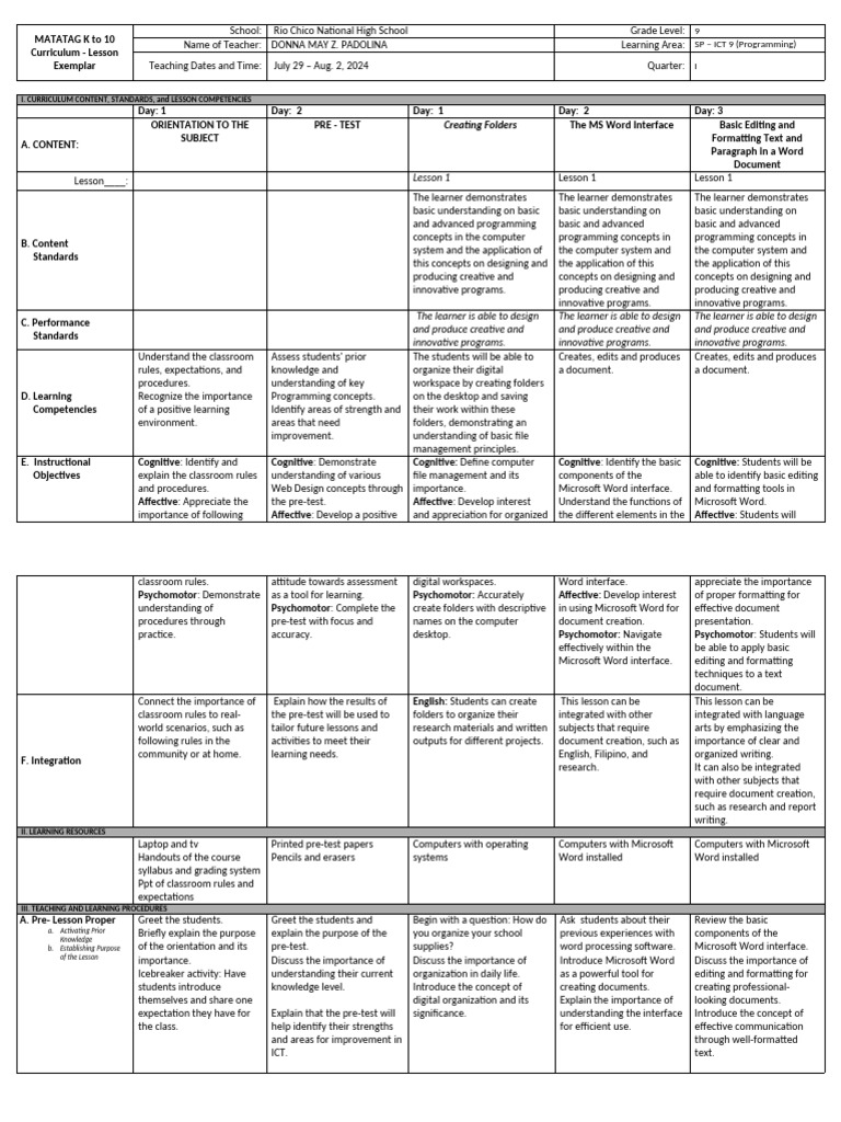 ICT 9 Programming Curriculum Guide | PDF | Microsoft Word | Learning