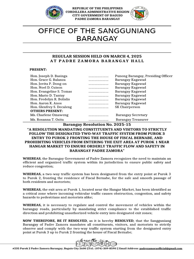 Barangay Resolution No. 2025-015_Two-Way Entry System | PDF | Traffic ...