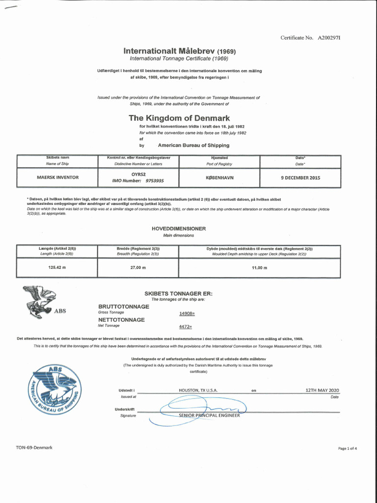 International Tonnage Certificate for Maersk | PDF | Tonnage | Shipping