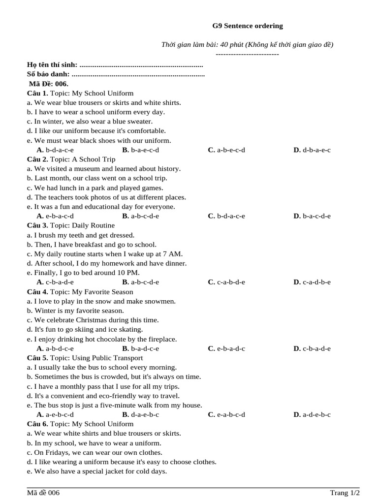 006 G9 Sentence Ordering - HS | PDF | Clothing | Fashion