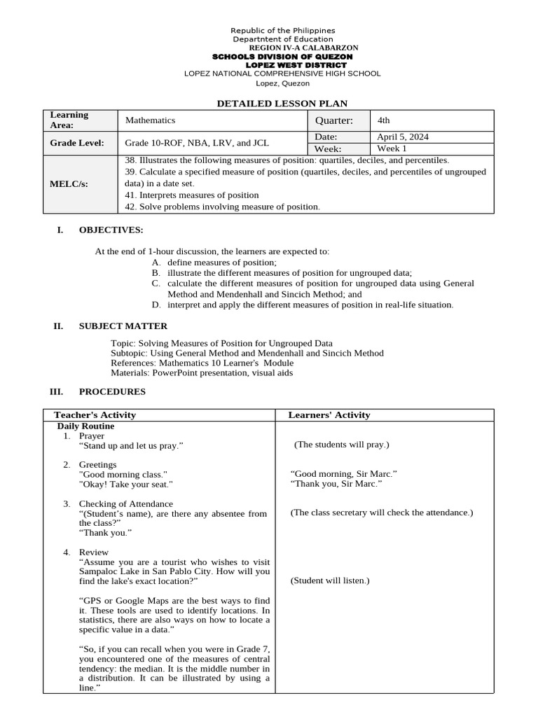 Grade 10 Math Lesson Plan: Measures of Position | PDF | Quartile ...