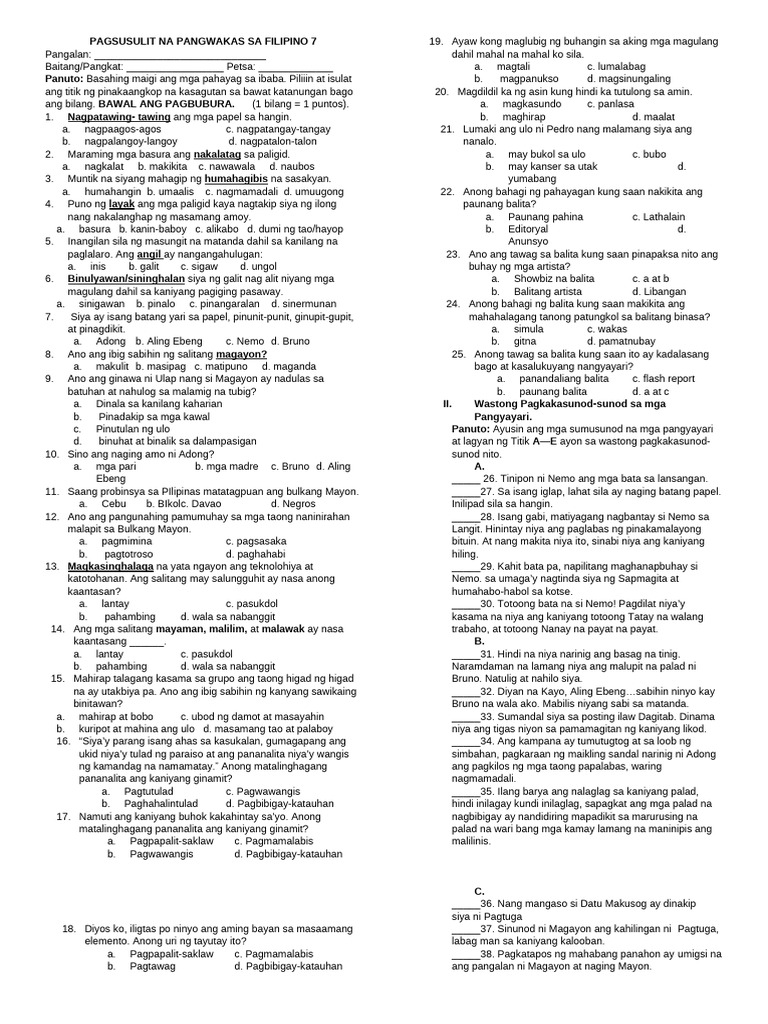 Pagsusulit Na Pangwakas Sa Filipino 7 - 2nd Grading | PDF