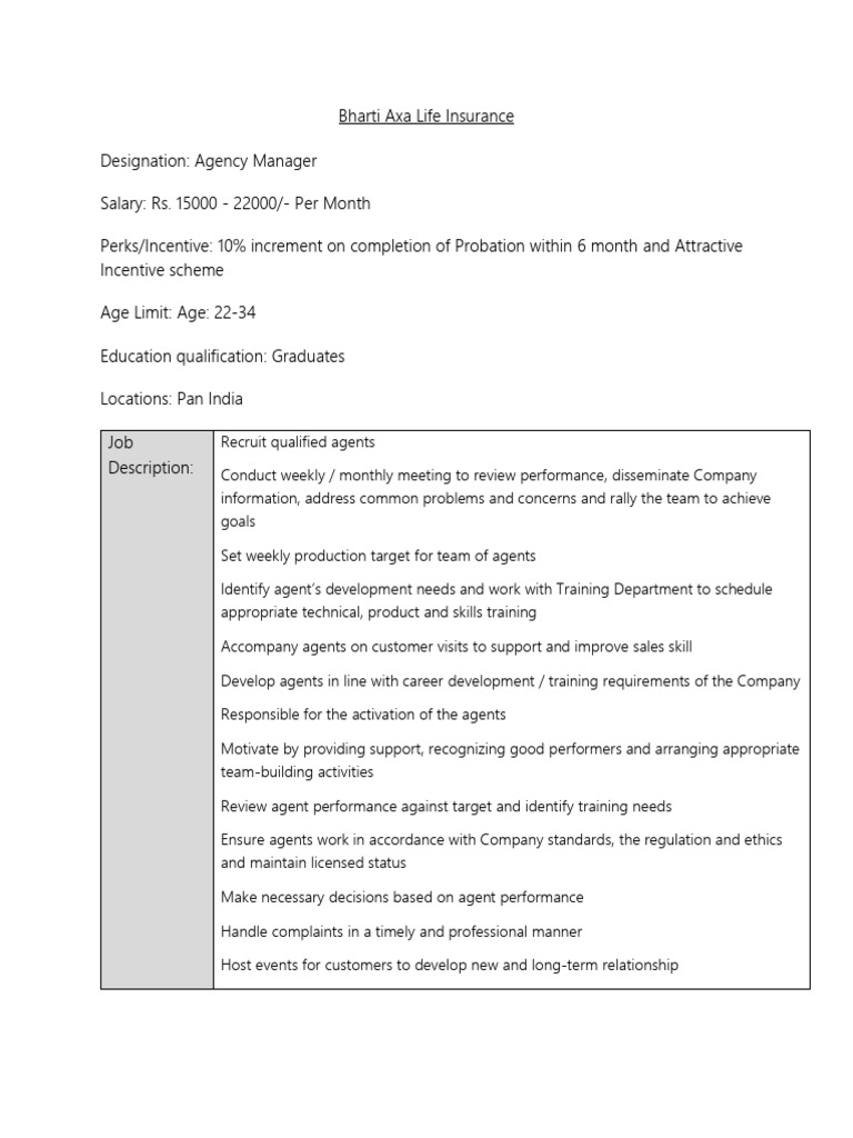 Bharti Axa Agency Manager Job Overview | PDF