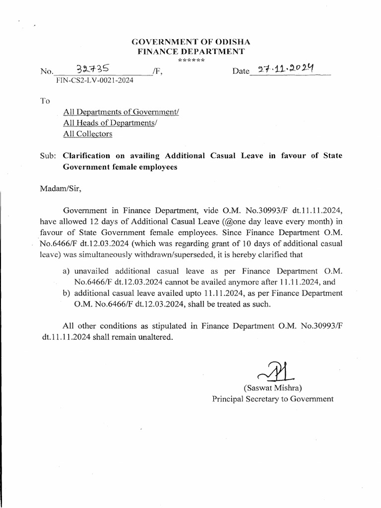 Odisha Additional Casual Leave for Women | PDF | Government Of India