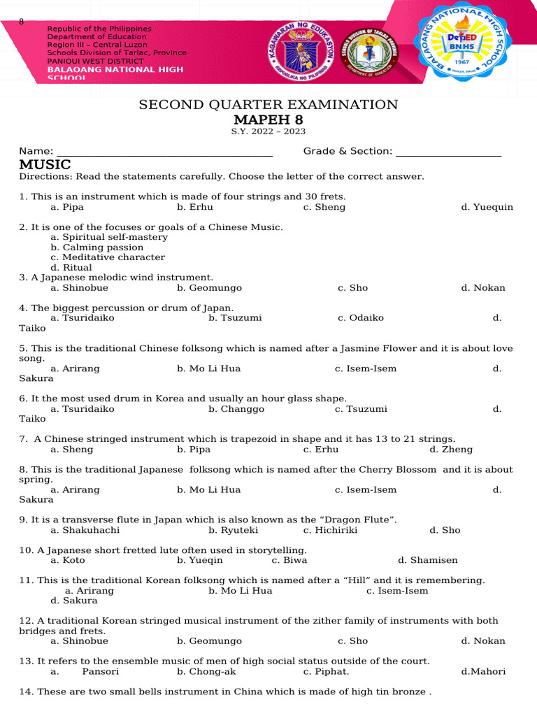 Second Quarter (Mapeh) | PDF | Musical Instruments