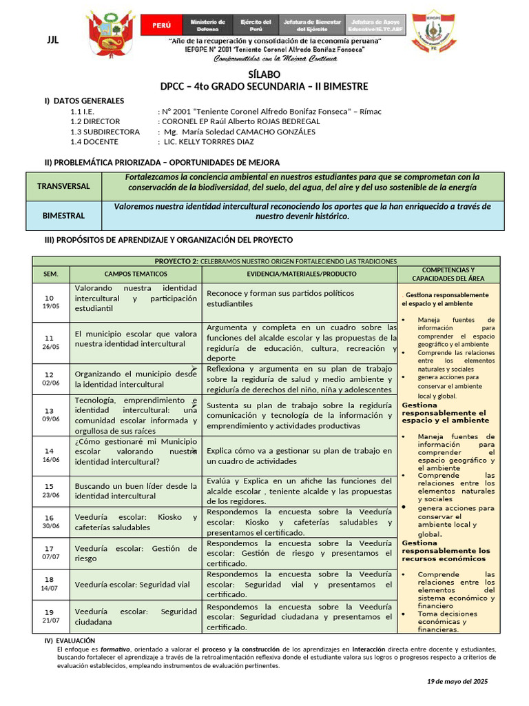 Silabo 4to Ano DPCC II Bimestre - 2025 | PDF | Evaluación | Valores