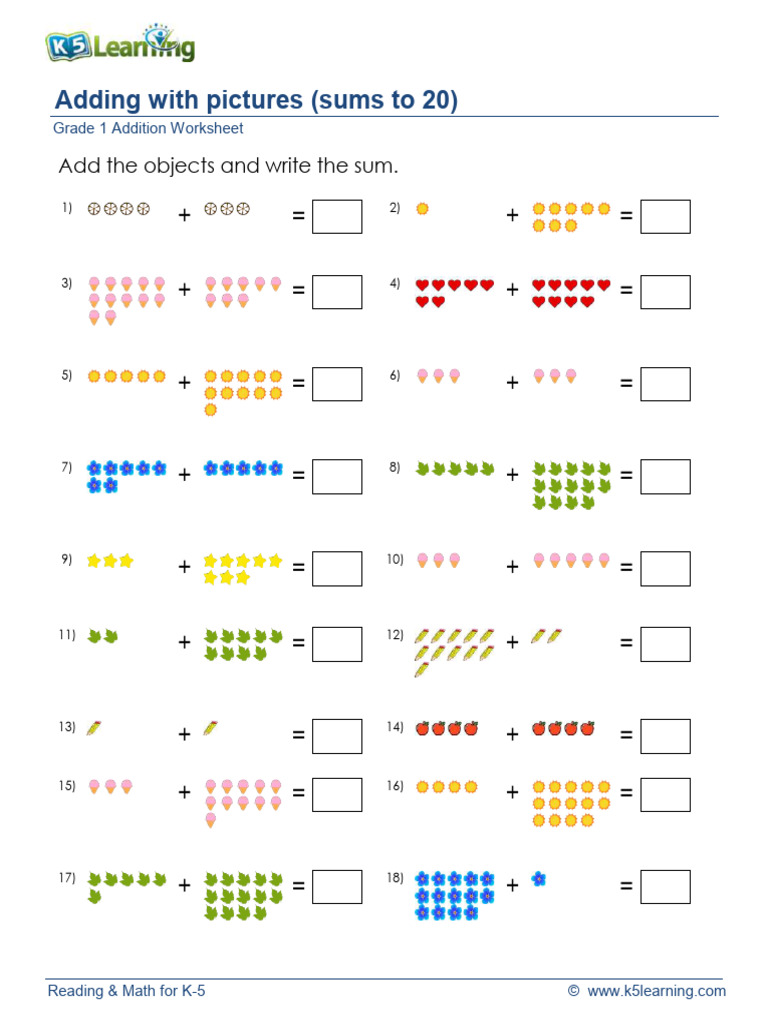 Worksheetsmathgrade 1 Addition Pictures Sums To 20 6 PDF | PDF