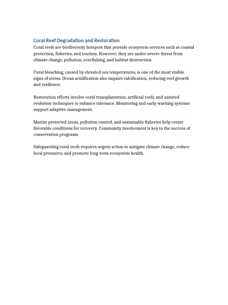 Coral Reef Degradation and Restoration Expanded | PDF