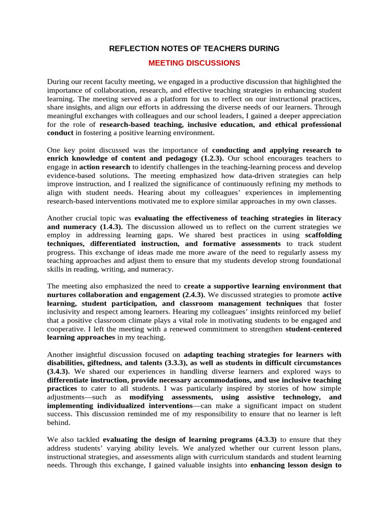 Teacher Reflection Notes Summary | PDF | Differentiated Instruction ...