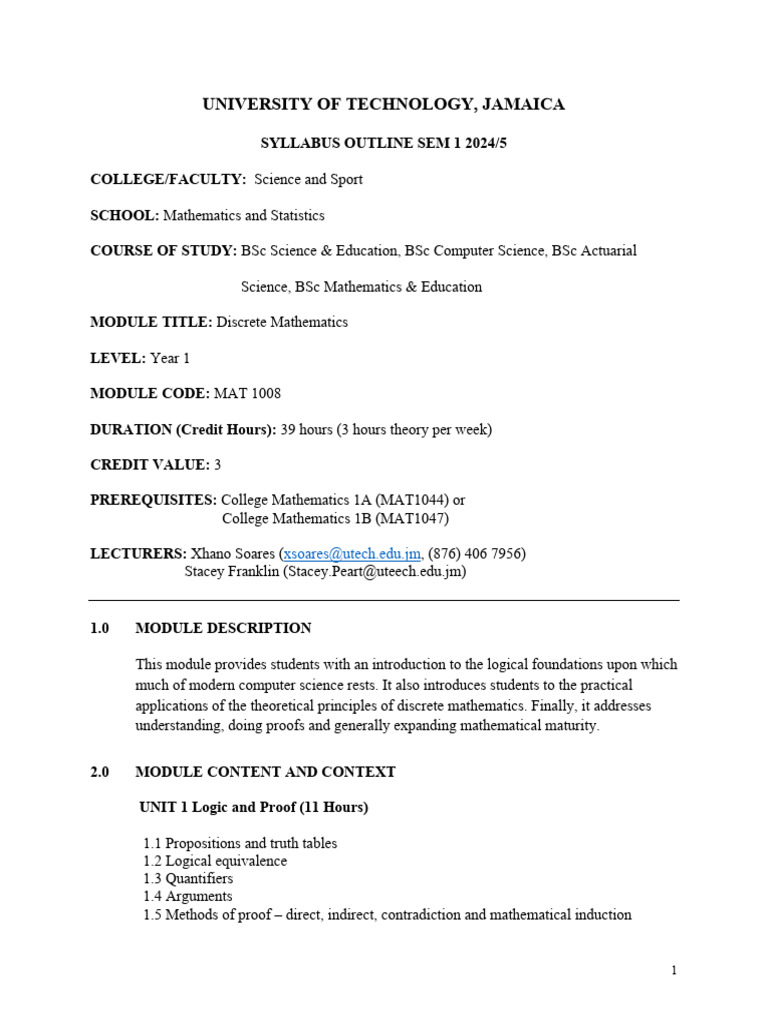 MAT1008 - Discrete Mathematics Syllabus Outline 2024 | PDF | Discrete ...