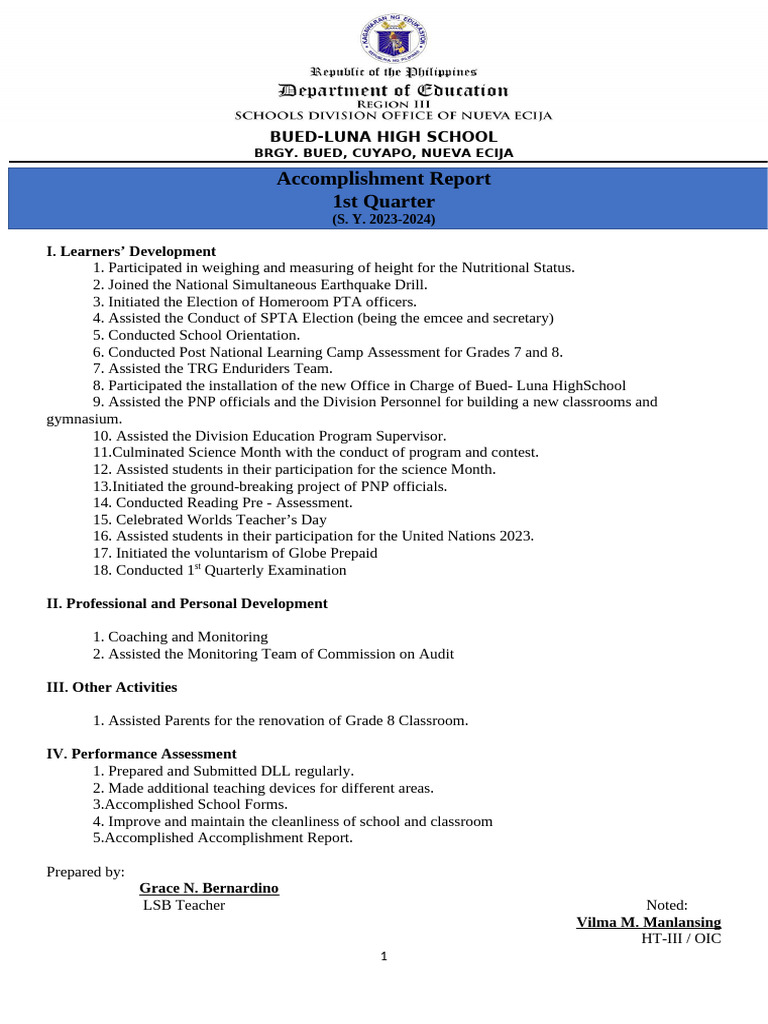 Bued-Luna High School 1st Quarter Report | PDF | Behavior Modification ...