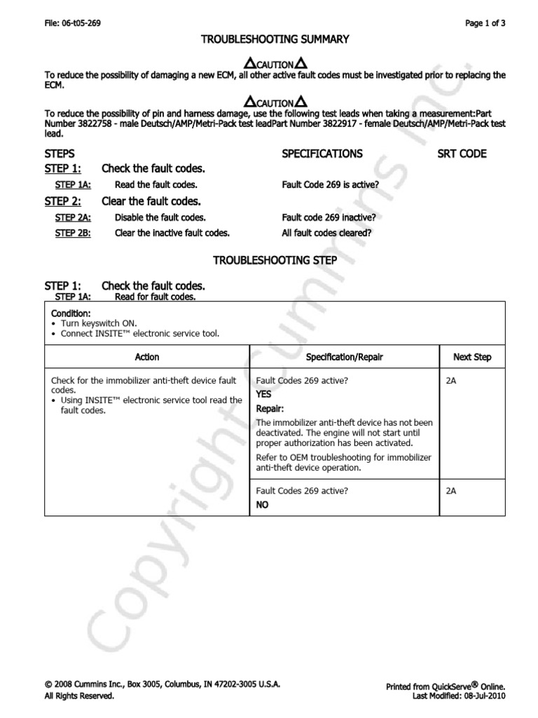 ECM Fault Code 269 Troubleshooting Guide | PDF | Troubleshooting ...