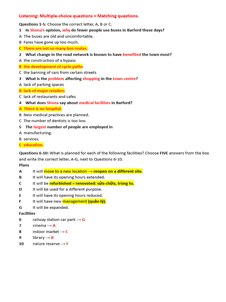 Listening - Multiple-Choice Questions + Matching Questions | PDF | Bus ...