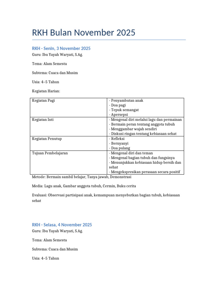 RKH Pembelajaran Anak Usia Dini November 2025 | PDF