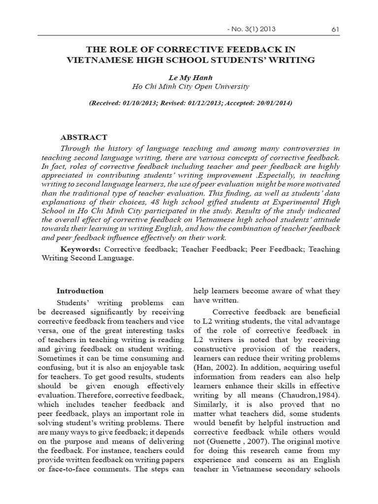 Corrective Feedback in Vietnamese Writing | PDF | Teachers | Second ...