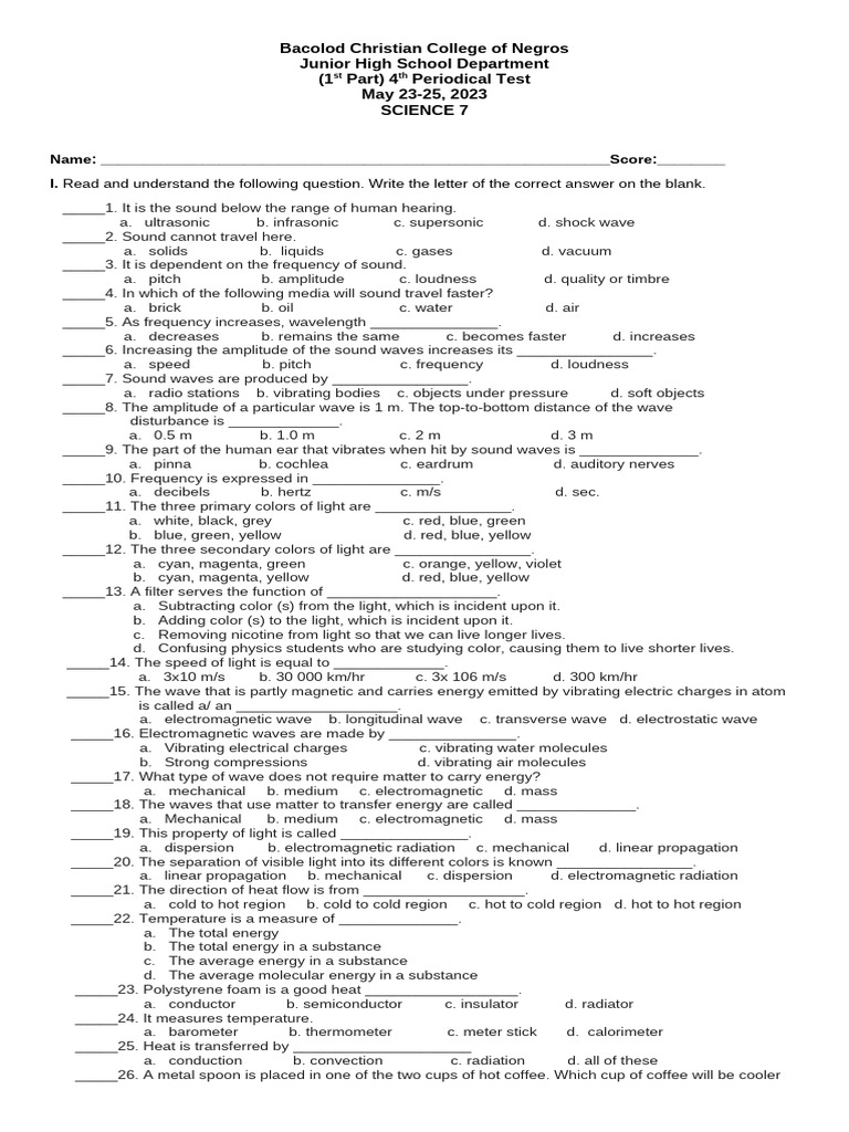 Science 7 Periodical Test Questions | PDF | Waves | Sound