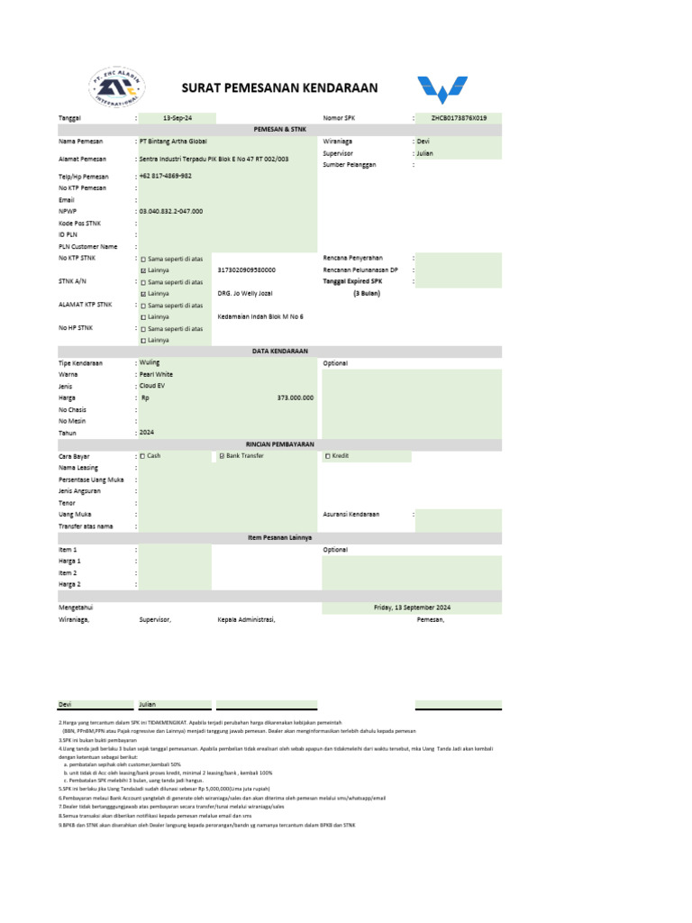 Surat Pemesanan Kendaraan Wuling 2024 | PDF