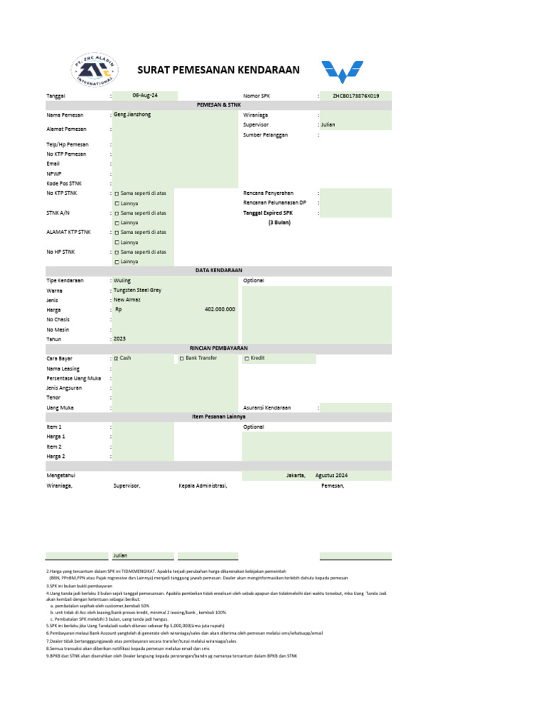 Surat Pemesanan Kendaraan Wuling 2024 | PDF