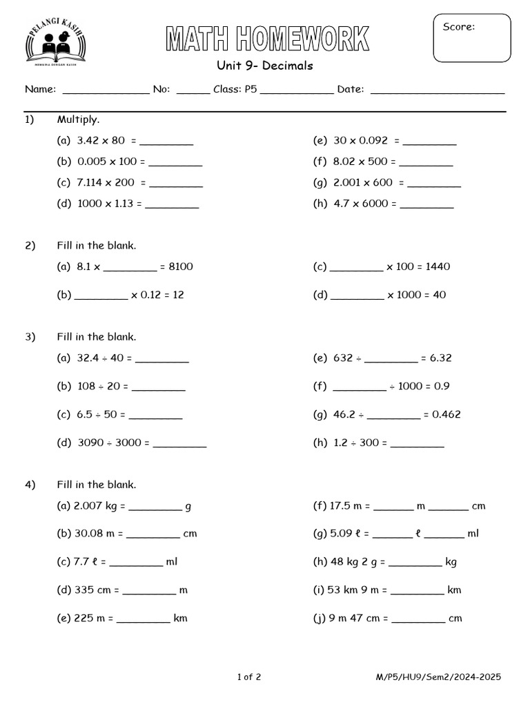 Unit 9-Decimals: 1 of 2 M/P5/Hu9/Sem2/2024-2025 | PDF