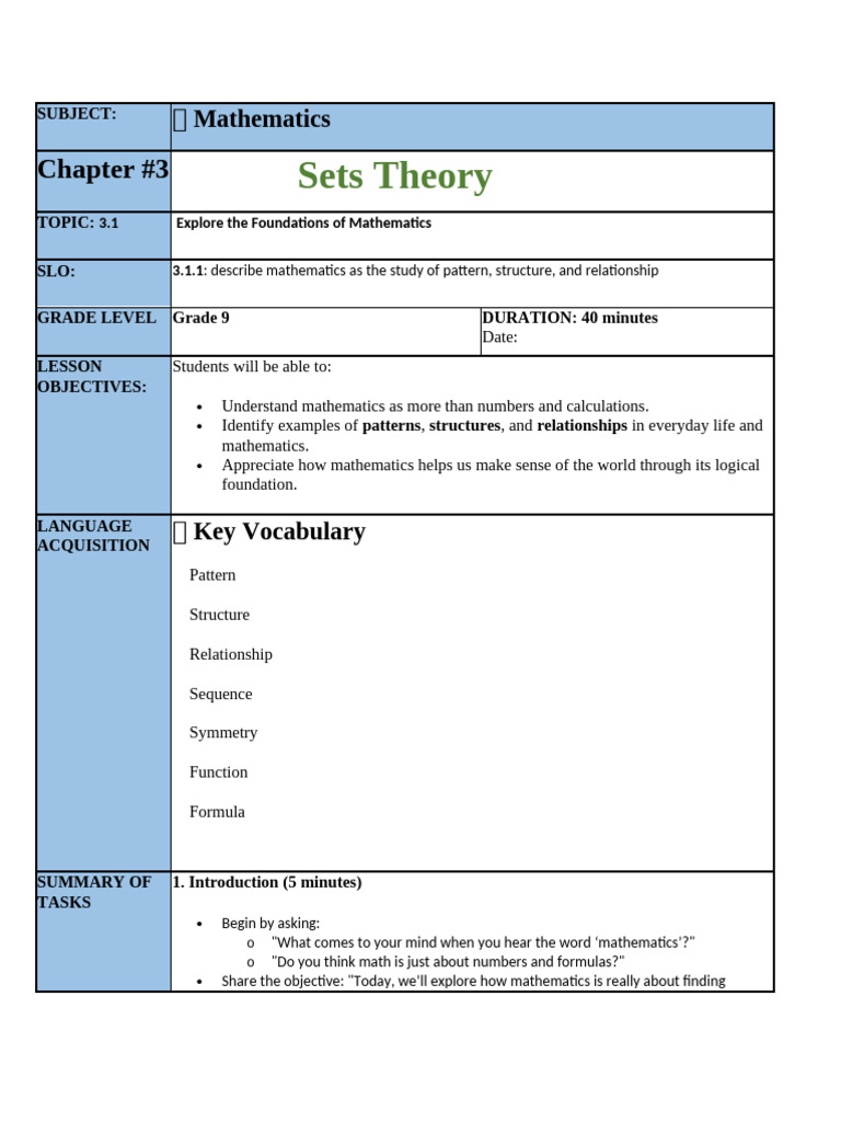 Grade 9 Math: Set Theory Concepts | PDF | Mathematics | Pattern