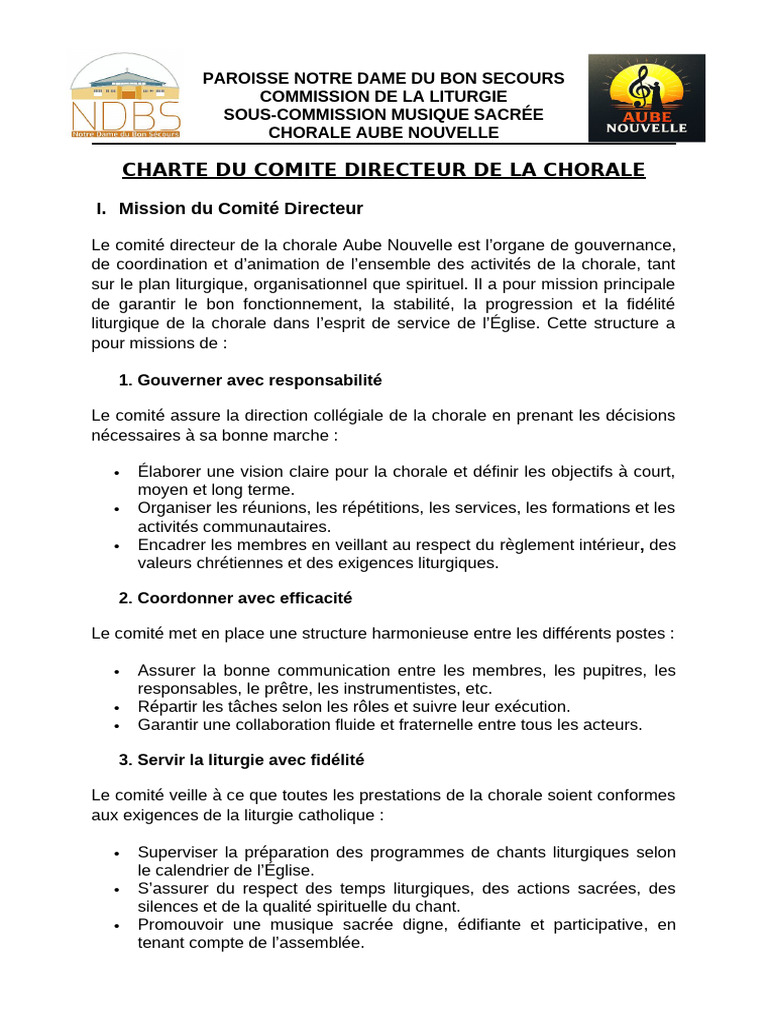 Charte du Comité Directeur de la Chorale | PDF | Paroisse | Liturgie