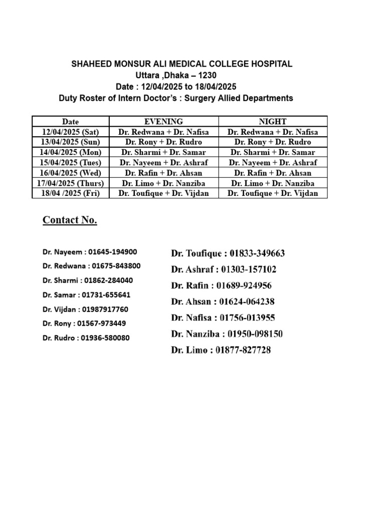 Roster 12-18 April | PDF