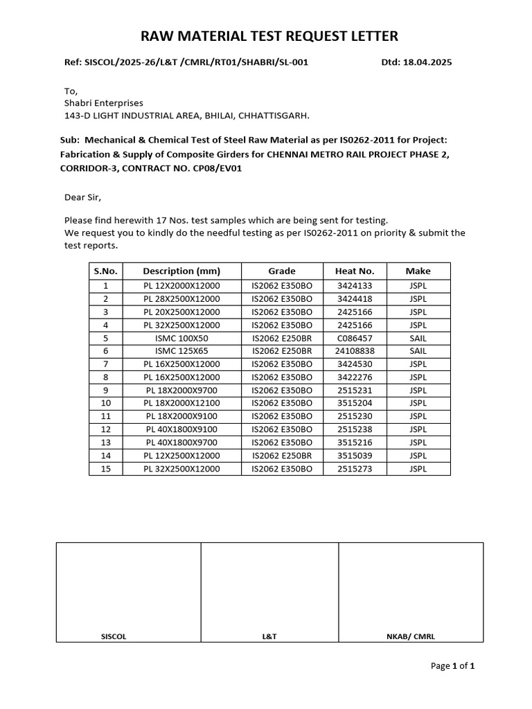 L&T CMRL Rt01 Sampling Letter 001 | PDF