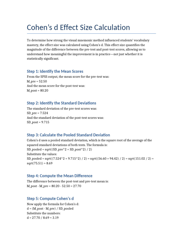 Cohen’s d Effect Size in Vocabulary Mastery | PDF