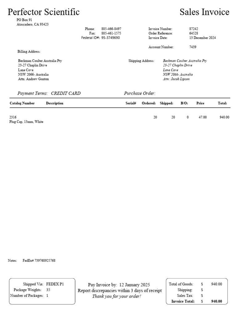 Perfector Scientific Sales Invoice 87242 | PDF