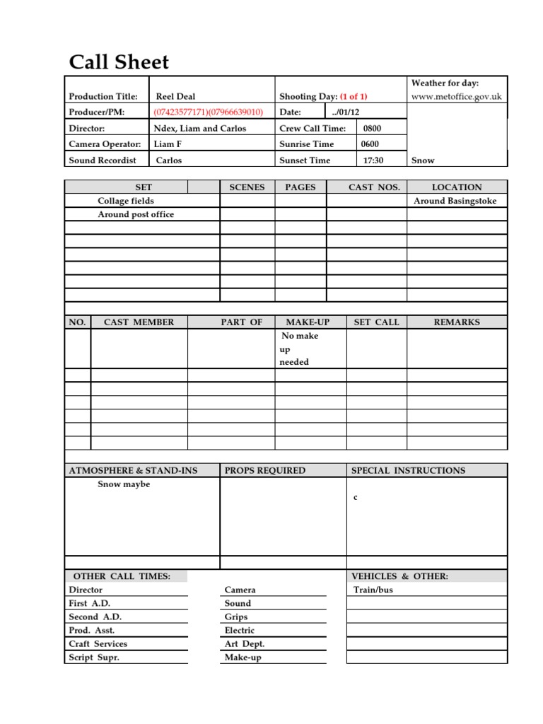Reel Deal Production Call Sheet | PDF | Science & Mathematics ...