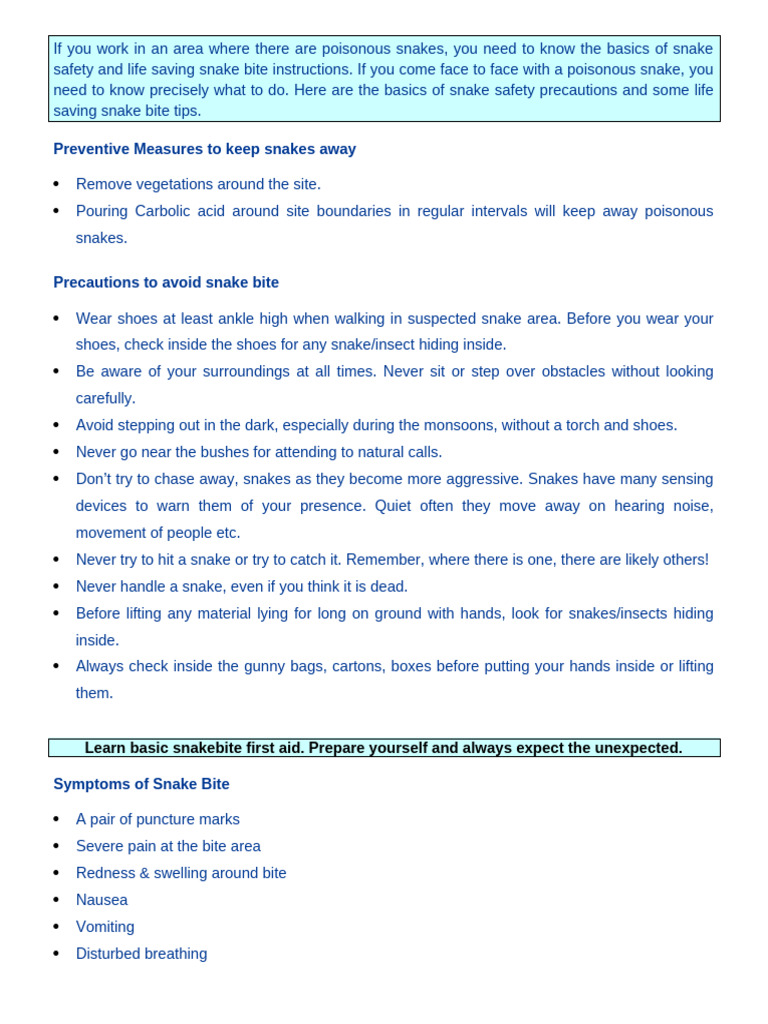 Snake Bite Safety and Precautions Guide | PDF | Medical Specialties ...