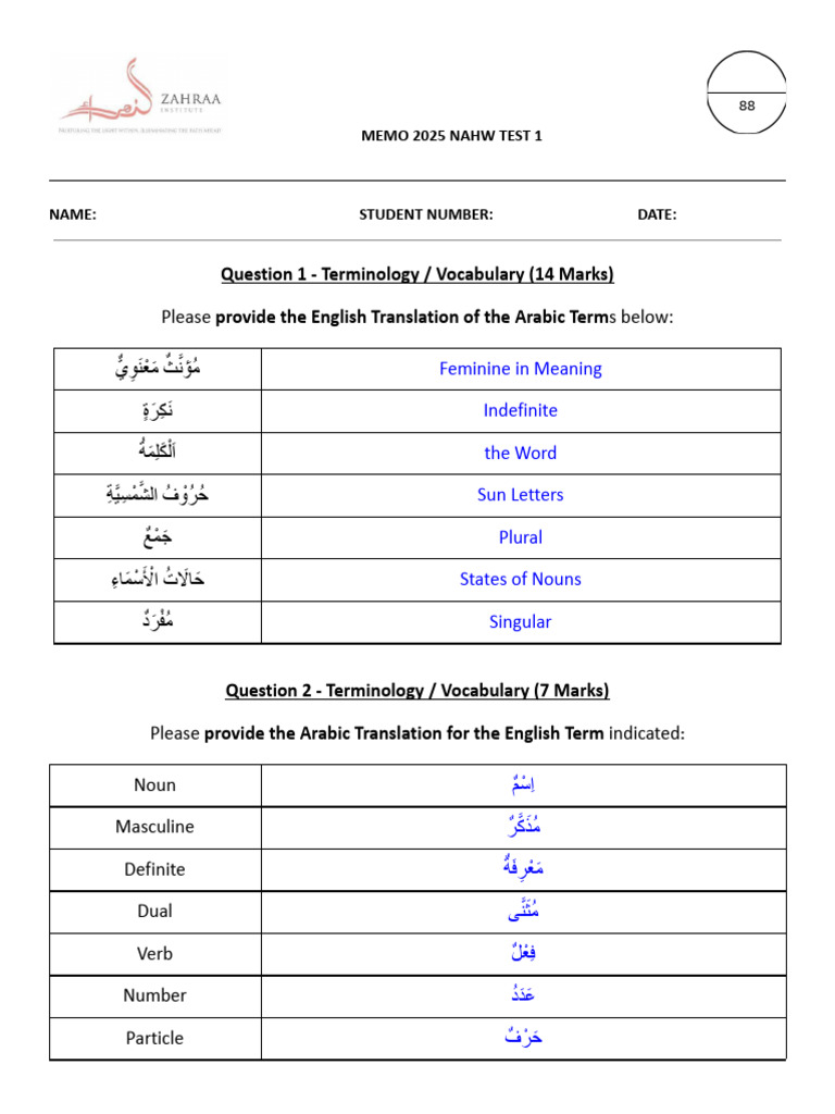 Arabic Terminology Test 2025 | PDF | Grammatical Number | Morphology
