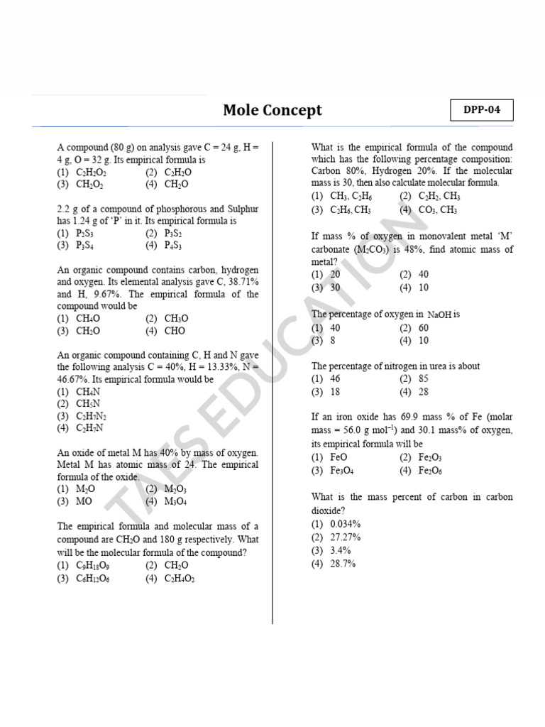 NEET 2024: Mole Concept Practice Questions | PDF | Oxide | Chemical ...