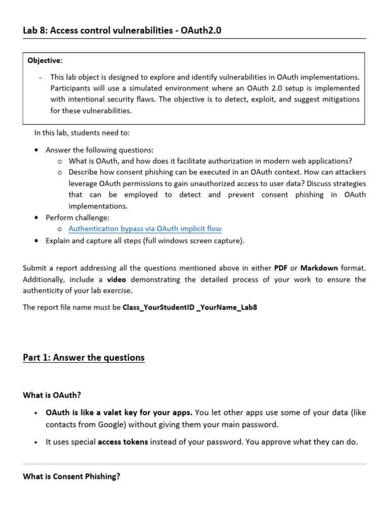 OAuth2.0 Vulnerabilities Lab Guide | PDF | Phishing | Login