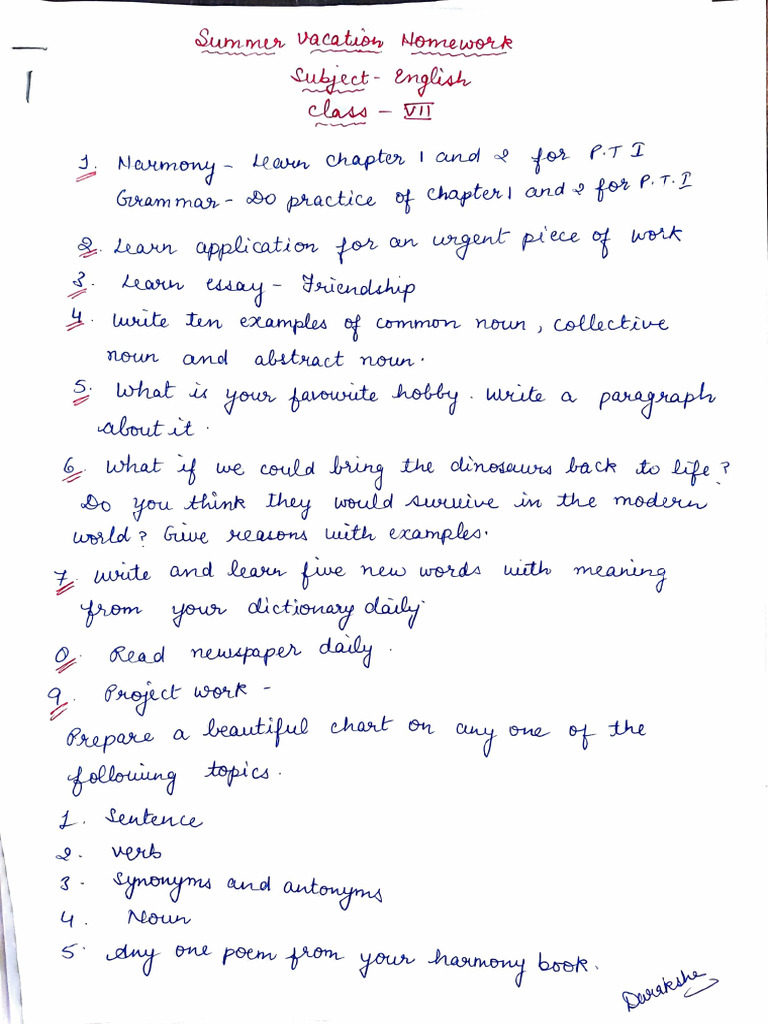 Class 7 Summer Vacation Homework 2025 | PDF