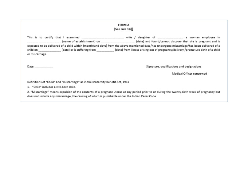 Maternity Benefit Form A Certification | PDF
