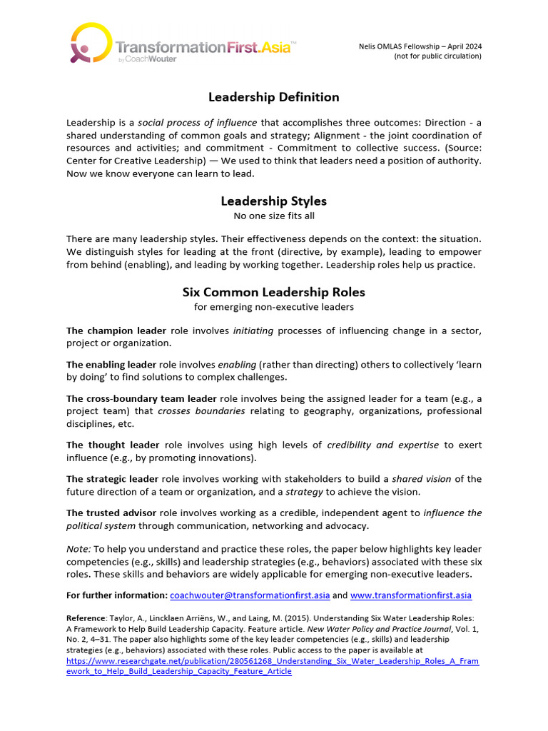 Six Leadership Roles for Emerging Leaders | PDF | Leadership | Social ...