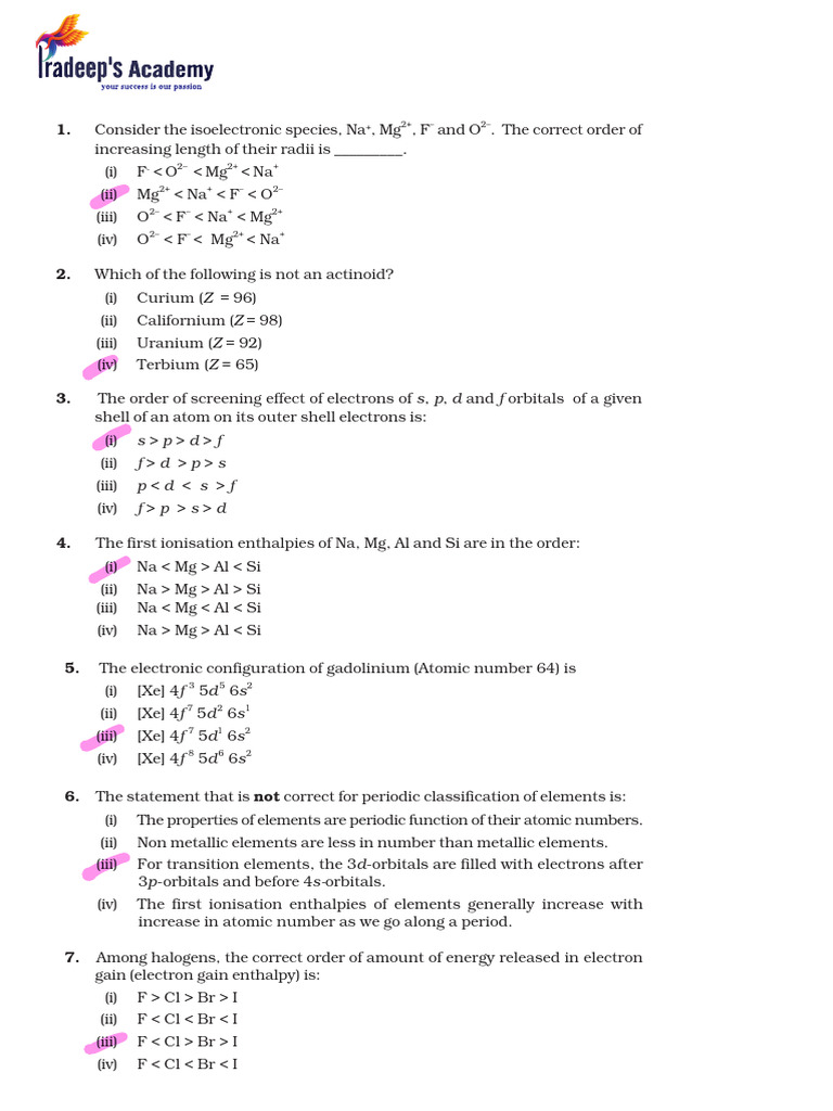 Periodic Table Trends and Properties Quiz | PDF | Coordination Complex ...