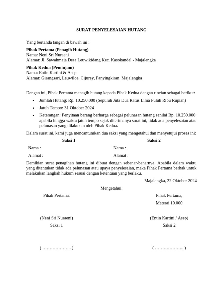Surat Penyelesaian Hutang | PDF