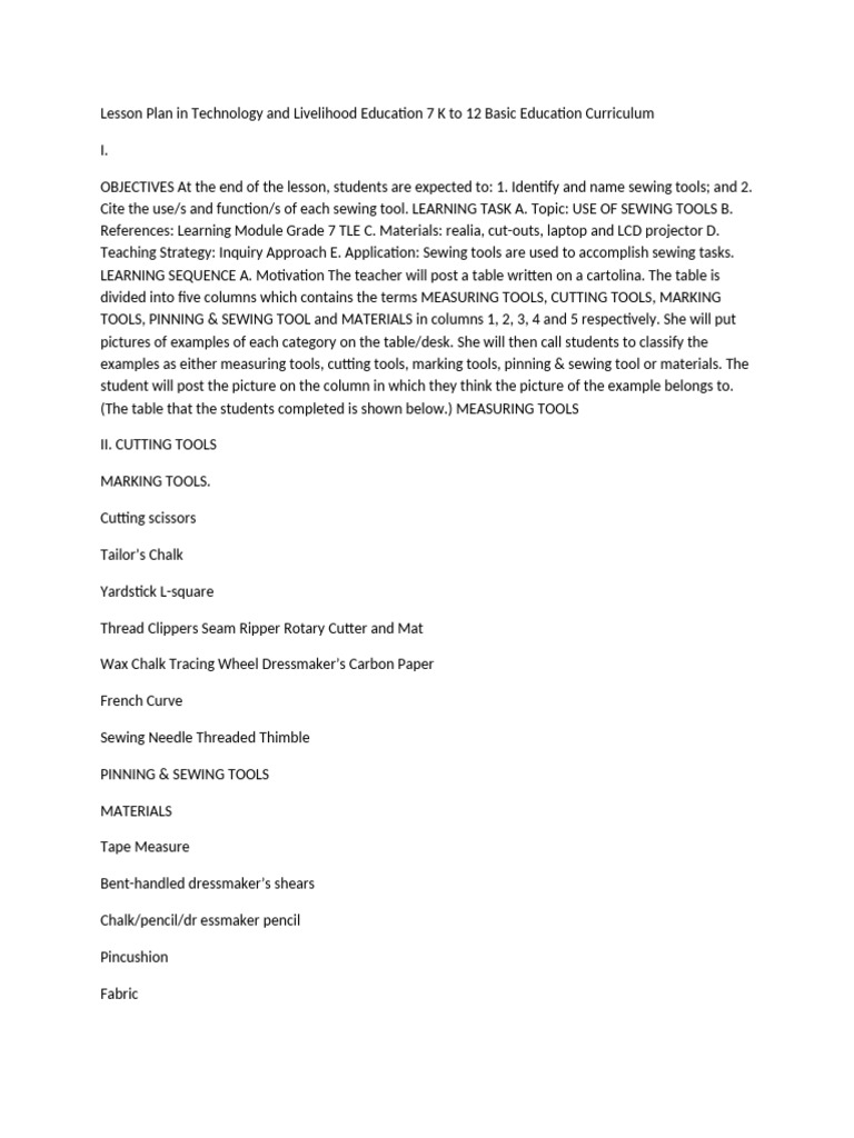 Sewing Tools Lesson Plan for Grade 7 TLE | PDF | Sewing
