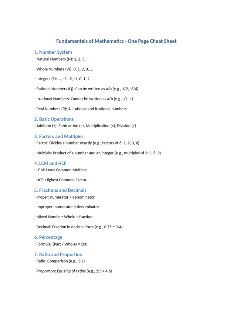 Math Fundamentals Cheat Sheet | PDF