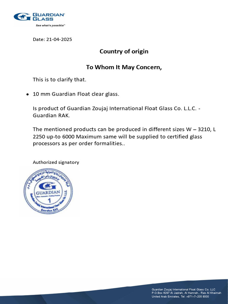 Guardian Float Glass Origin Confirmation | PDF