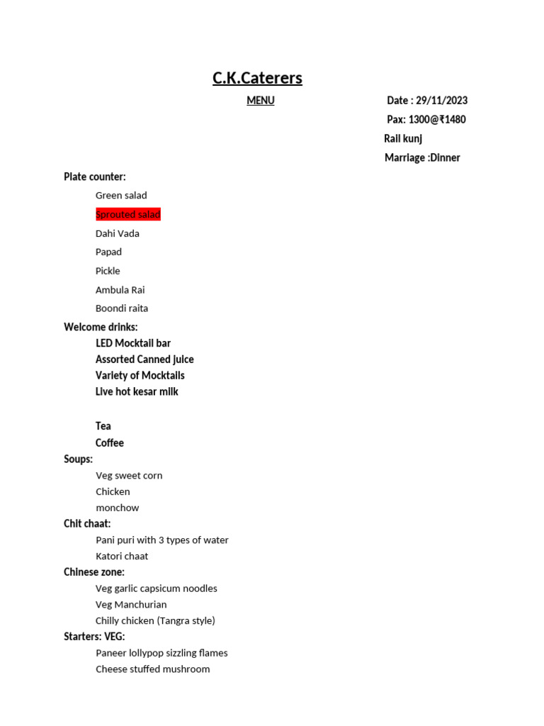 Comprehensive Catering Menu for Wedding | PDF