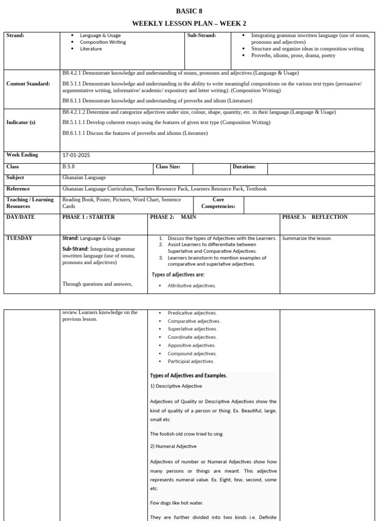 Week 2 Lesson Plan: Language & Writing | PDF | Adjective | Poetry