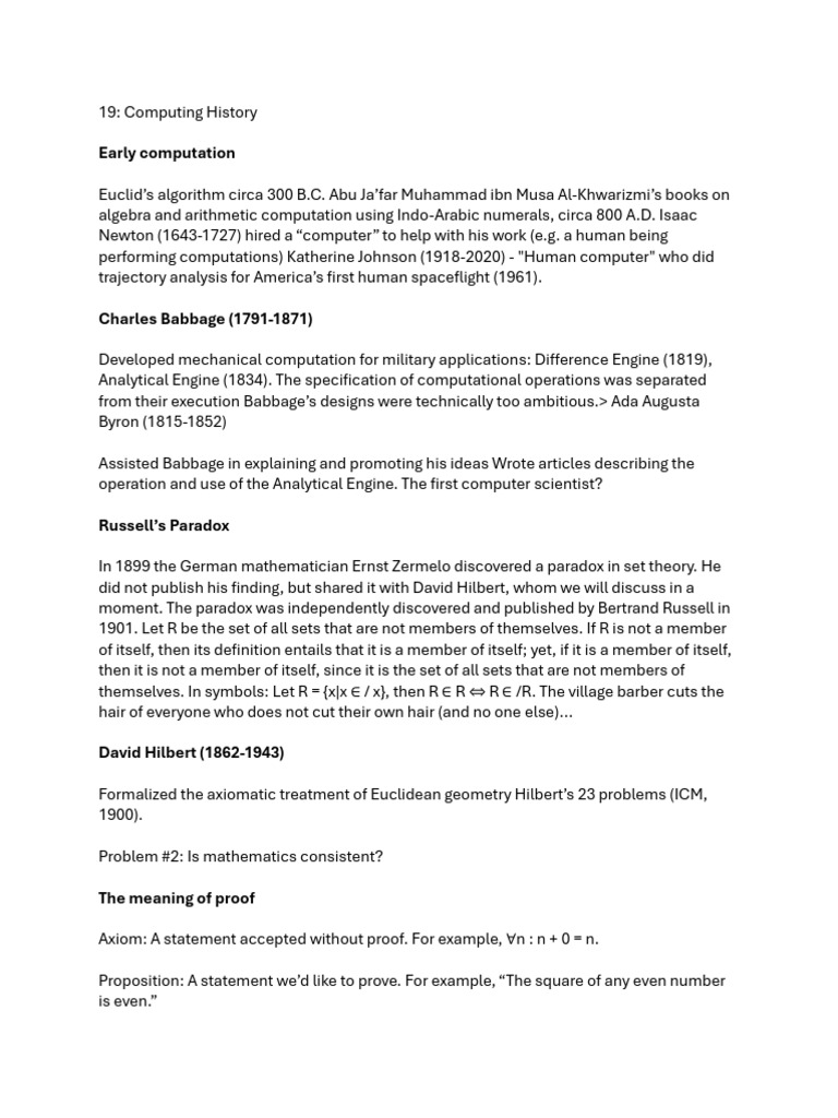 Computing History Summary Notes | PDF | Axiom | Mathematical Proof
