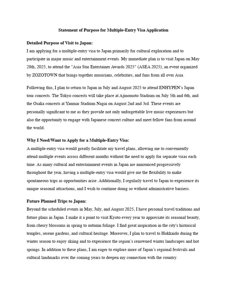 Japan Multiple-Entry Visa Purpose Statement | PDF
