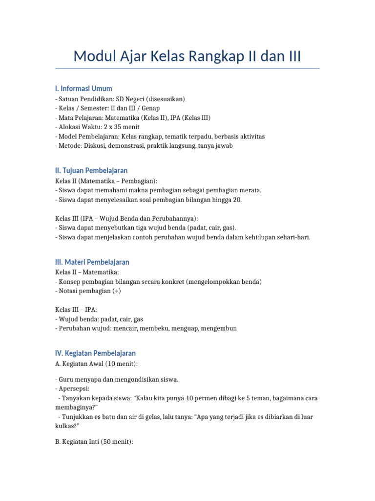 Modul Ajar Kelas Rangkap II dan III | PDF
